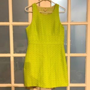 Neon green and beige houndstooth, tweed, lined, side zip, racer-back dress